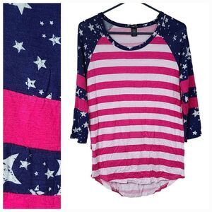 Rue21 Star Spangled Soft Baseball Raglan Ringer Tee Pink Blue Stripe Flag Shirt